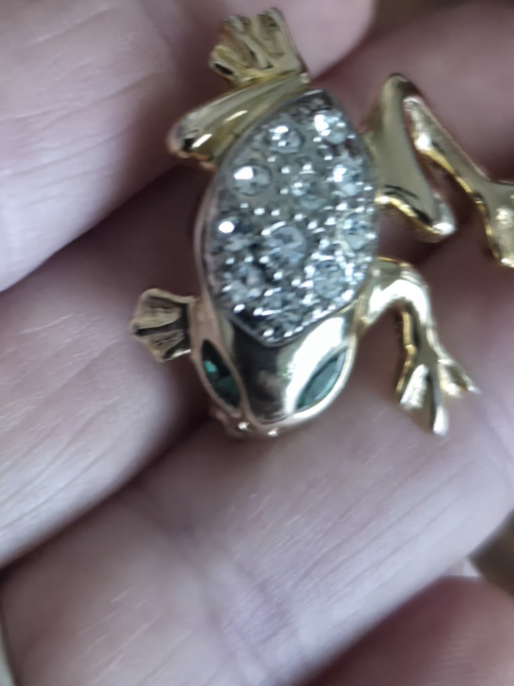 VTG Gold and Silver Crystal Frog W/green Stone Eyes.